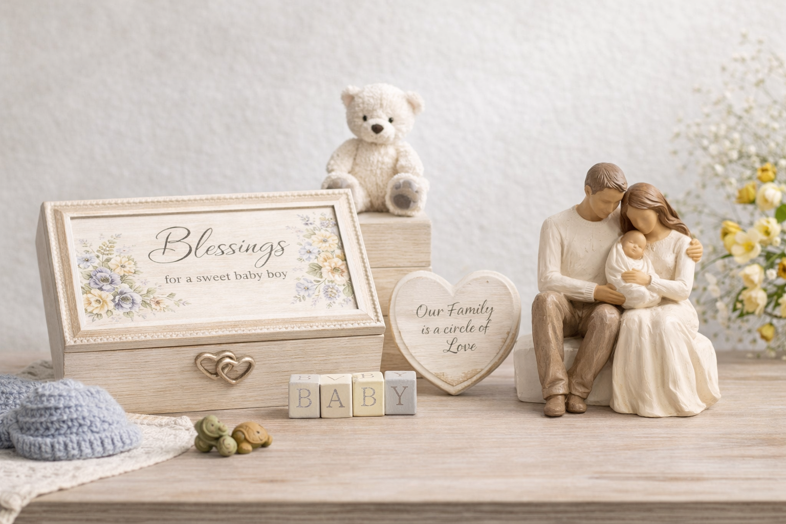 Baby and family keepsakes collection featuring a family figurine, baby memory box, teddy bear, and soft nursery decor by Bloom & Keepsake