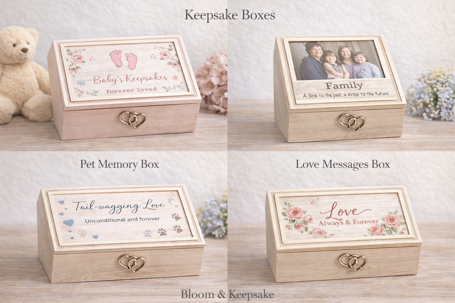Keepsake boxes collection featuring memory boxes for baby, family, pets, and love by Bloom & Keepsake