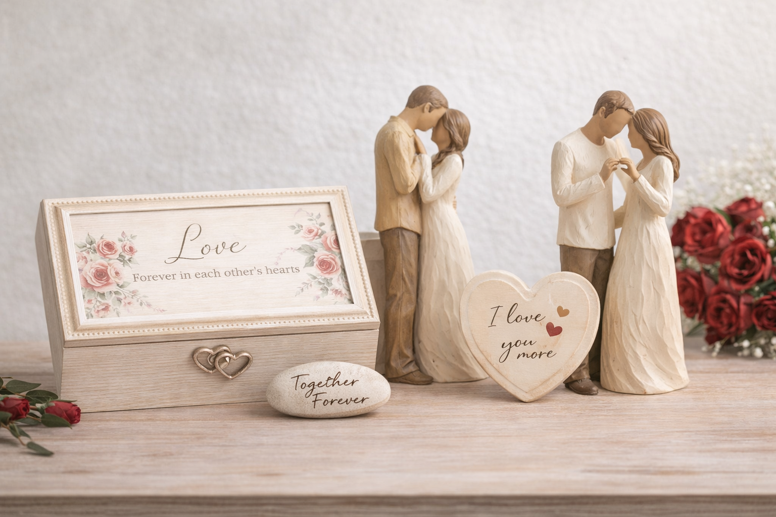 Love and relationship keepsakes collection featuring couple figurines, a romantic memory box, and heartfelt decor by Bloom & Keepsake