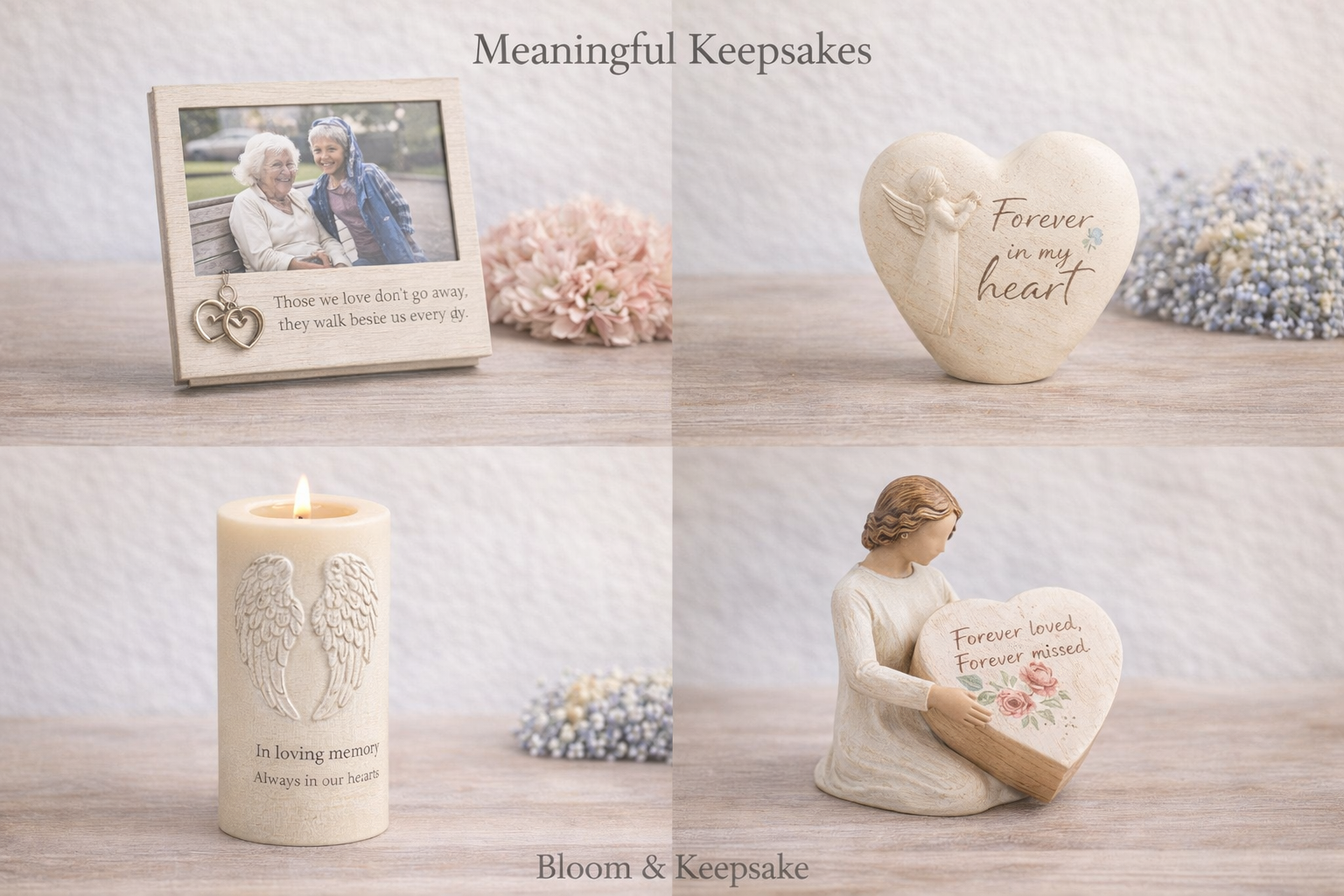 Meaningful keepsakes collection featuring a memorial photo frame, heart keepsake, remembrance candle, and sentimental figurine by Bloom & Keepsake