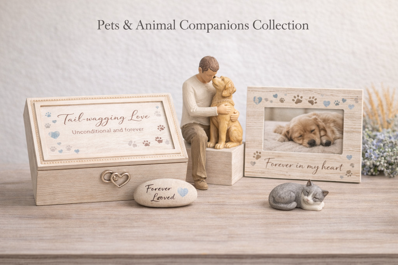 Pets and animal companions collection featuring pet keepsakes, a dog figurine, a memorial photo frame, and heartfelt decor by Bloom & Keepsake
