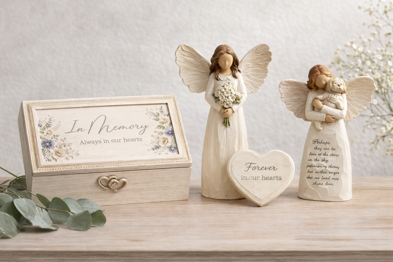 Sympathy and memorial keepsakes collection featuring angel figurines, a remembrance box, and heartfelt decor by Bloom & Keepsake